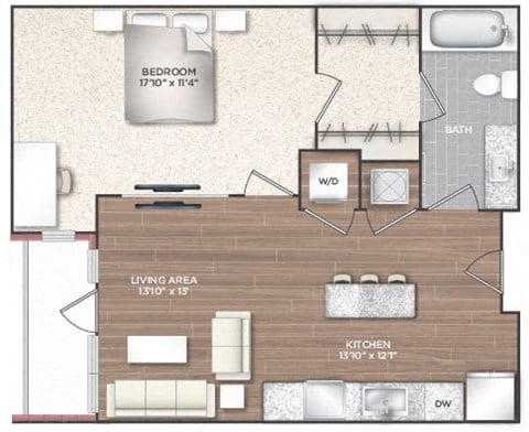 Floor plan for 1 bed, 1 bath, 736 sqft